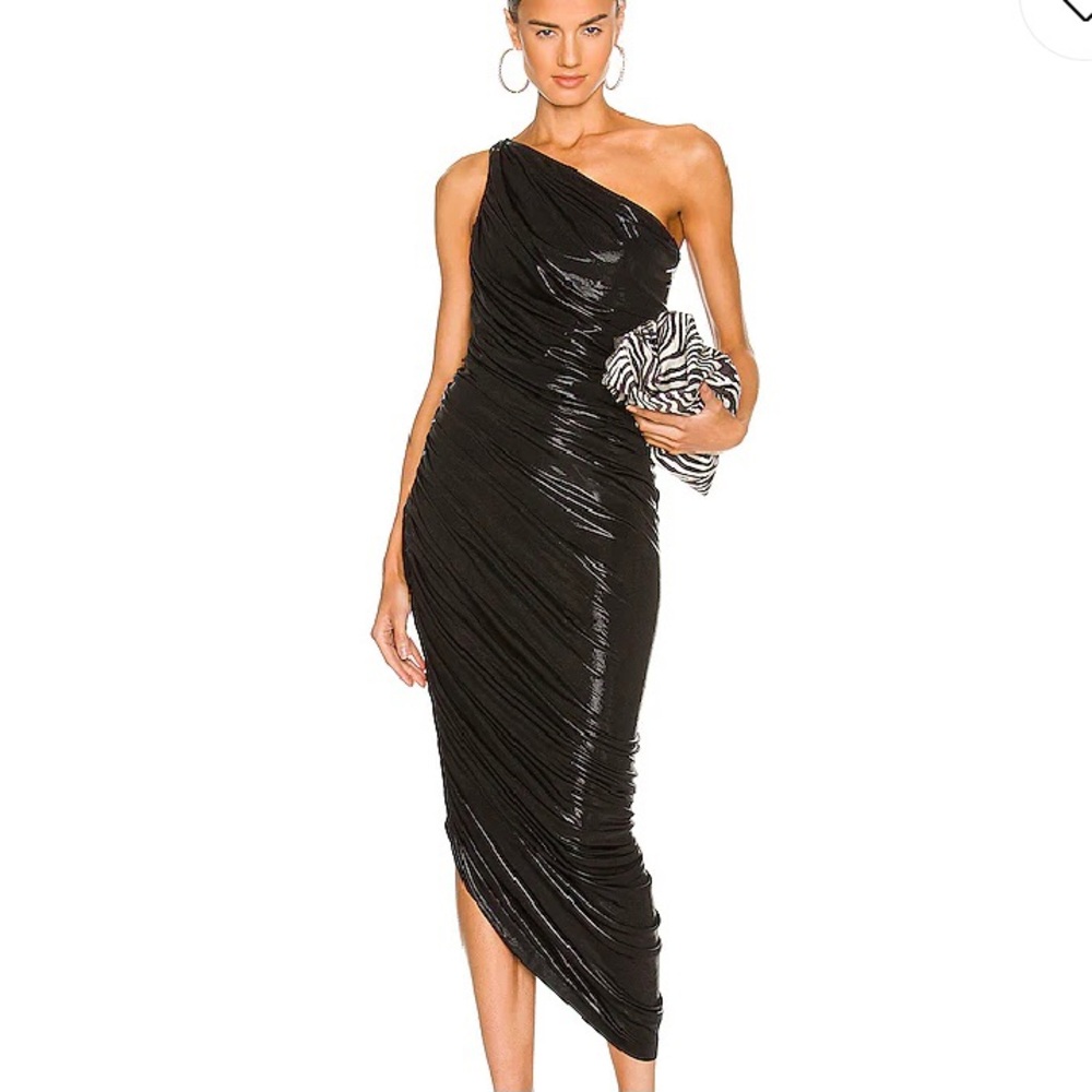 Norma Kamali x revolve shiny black ruched gown
